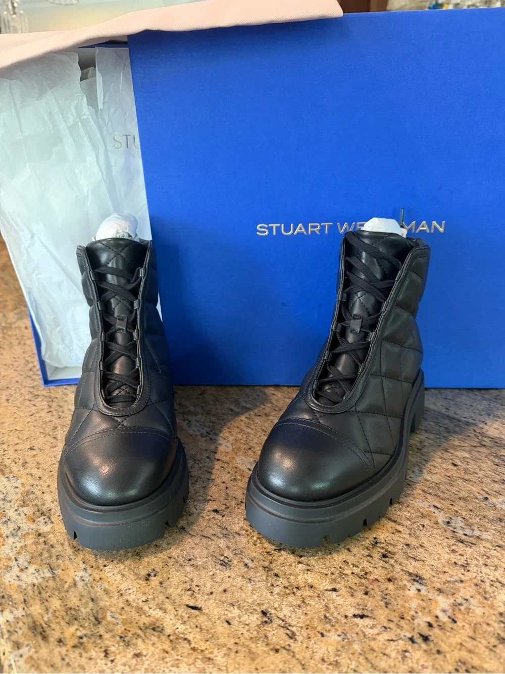 Stuart Weitzman Black Quilted Lace-Up Platform Ankle Boots